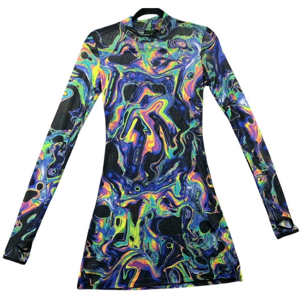 Vintage Y2K CLUB EXX Dress Women's S Multicolor Raver Art Cybergoth Oil Mesh